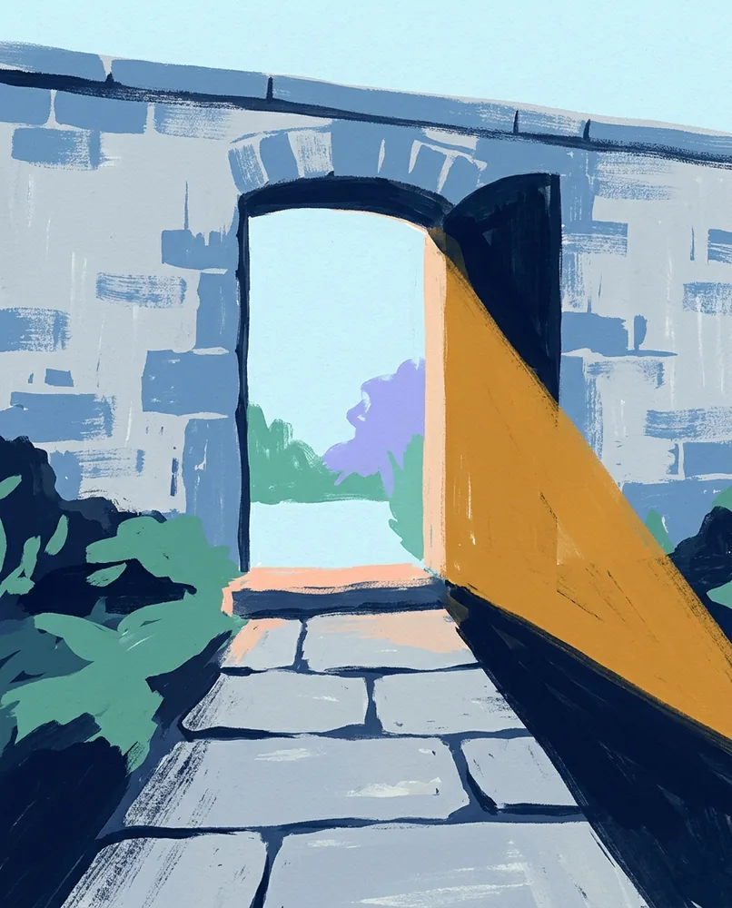 A doorway cuts through a high garden wall, with flat stepping stones leading along a path into bright light beyond.