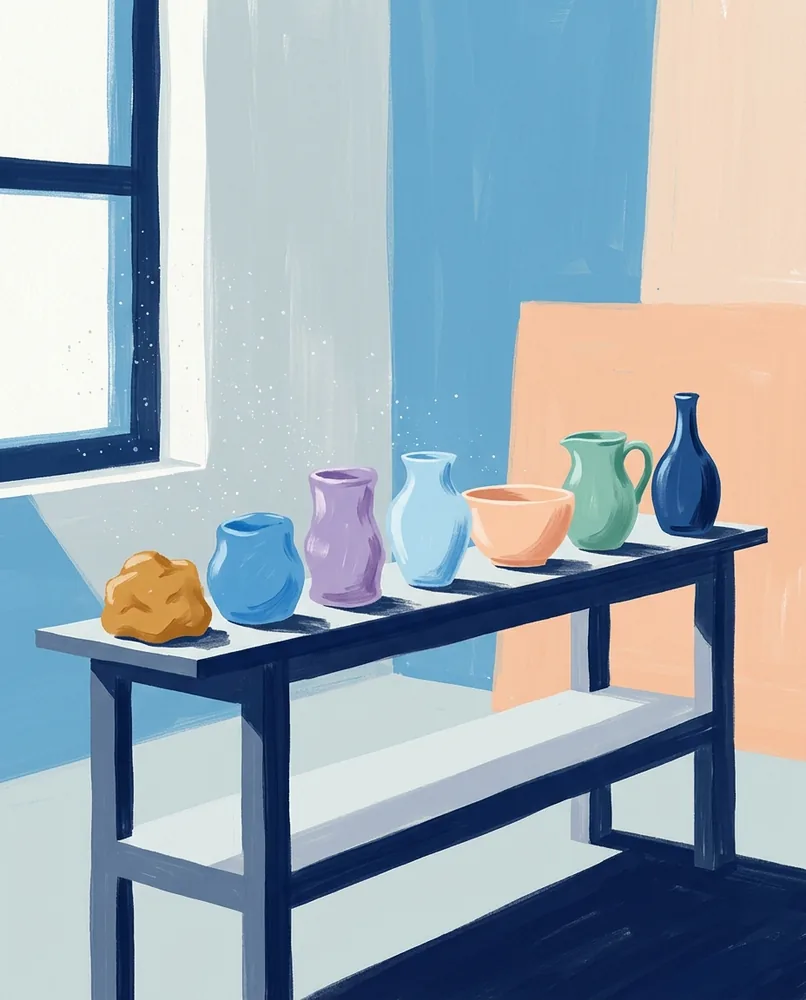 A drying shelf holds a row of practice pots, each slightly more evenly formed than the pot before it.