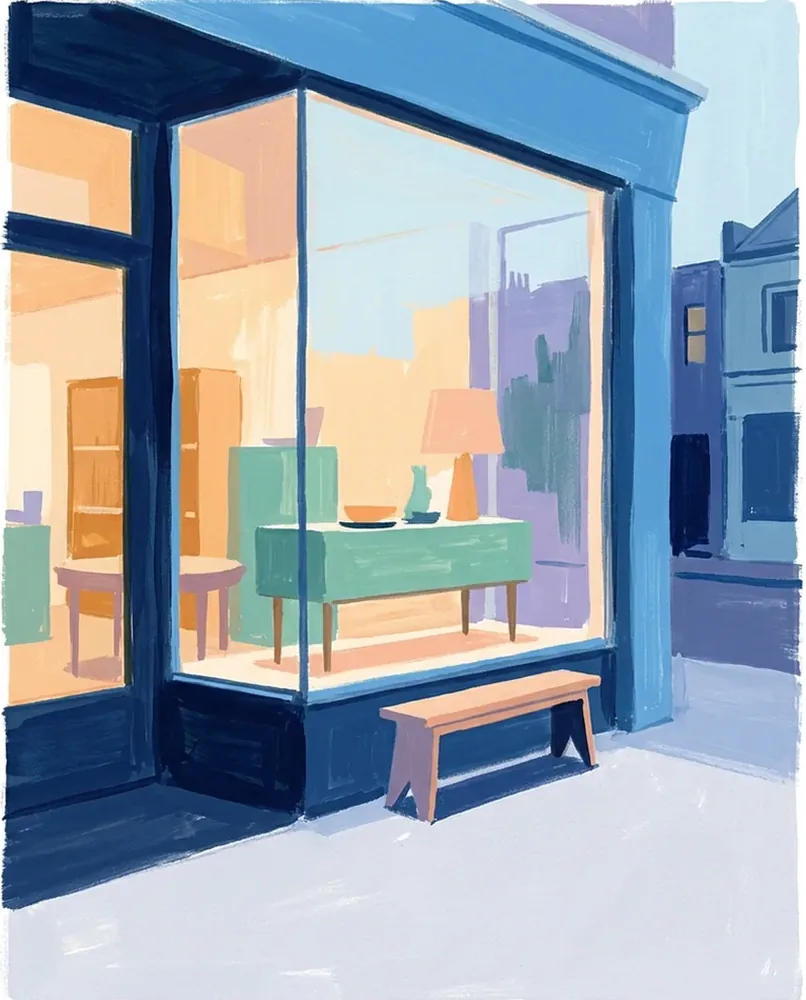 A shop window at dusk reflects the street across its glass, while the warm interior glows behind it.