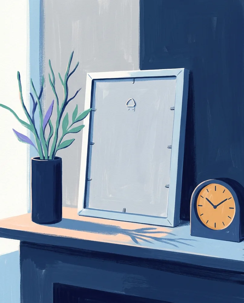 A picture frame faces the wall on a mantelpiece, with a clock and vase standing on either side.