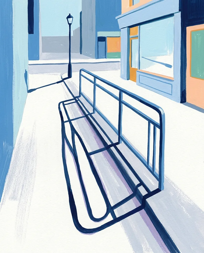 A sidewalk railing casts a shadow far longer and more irregular than the railing itself.