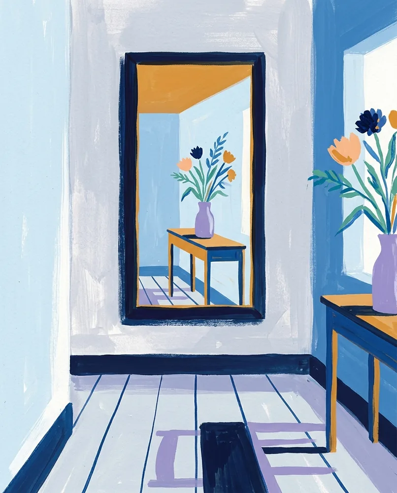 A hallway mirror reflects an empty room and a vase of flowers on the table opposite.