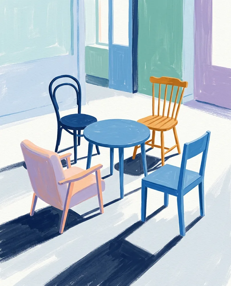 Four chairs with different designs are pulled around a small round table.