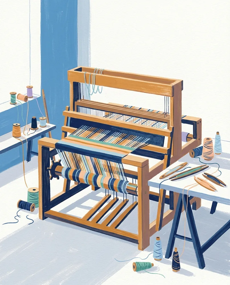 A floor loom holds tightly stretched warp threads, with a hand's width of striped weaving begun at the bottom.