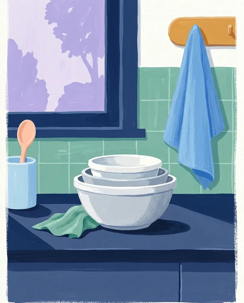 Nested mixing bowls in graduated sizes are stacked on a kitchen counter in clear morning light.