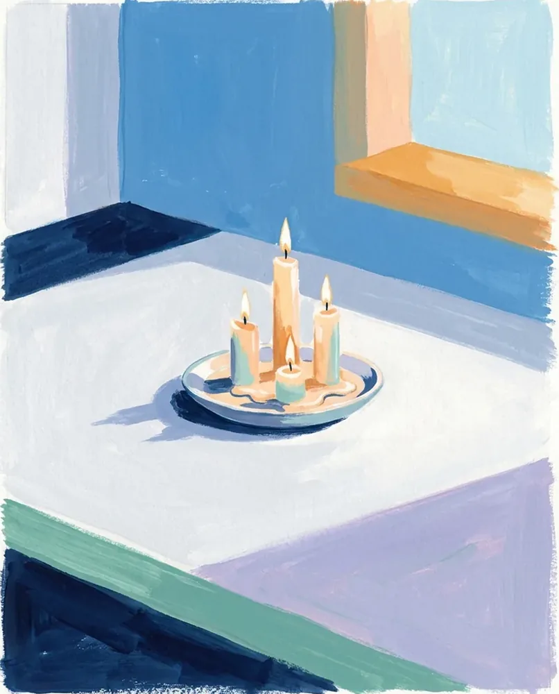 Four candles of different heights burn together on a shallow dish, with wax pooled between them.