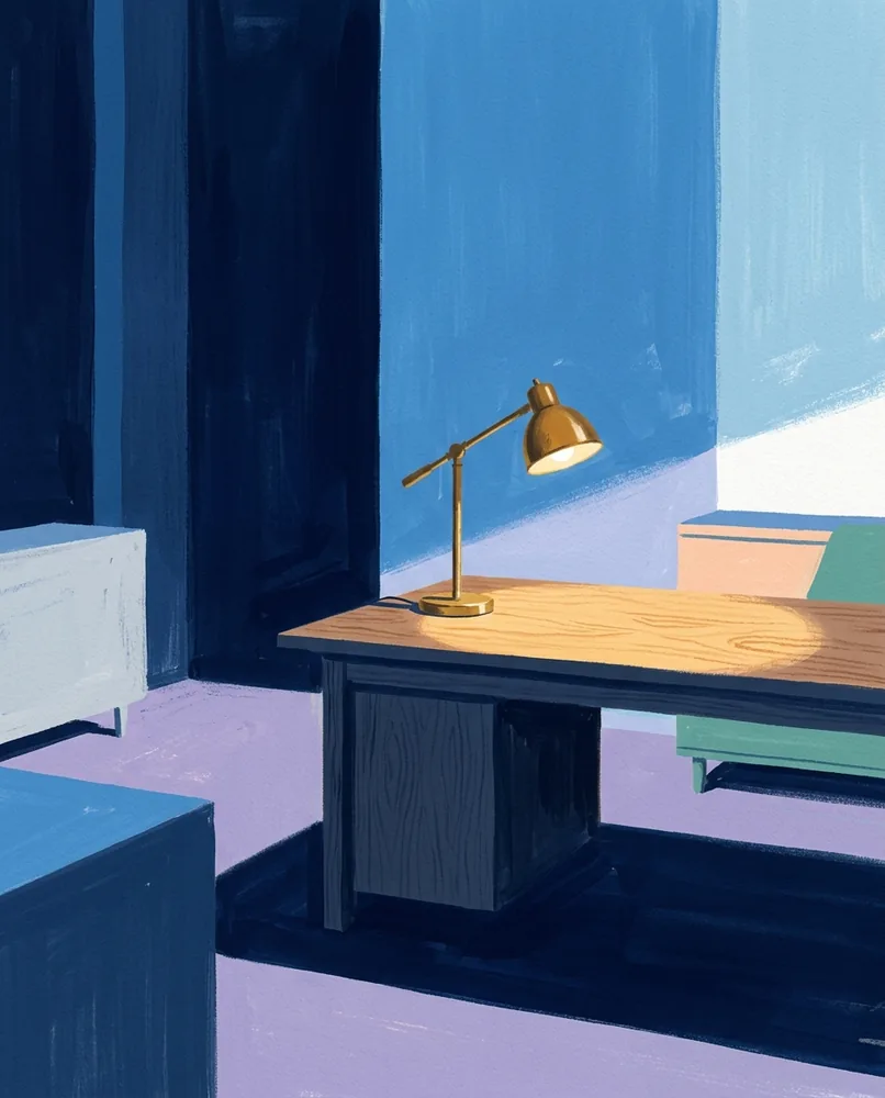 A brass desk lamp shines in a dark room, casting a pool of light across a bare wooden desk.