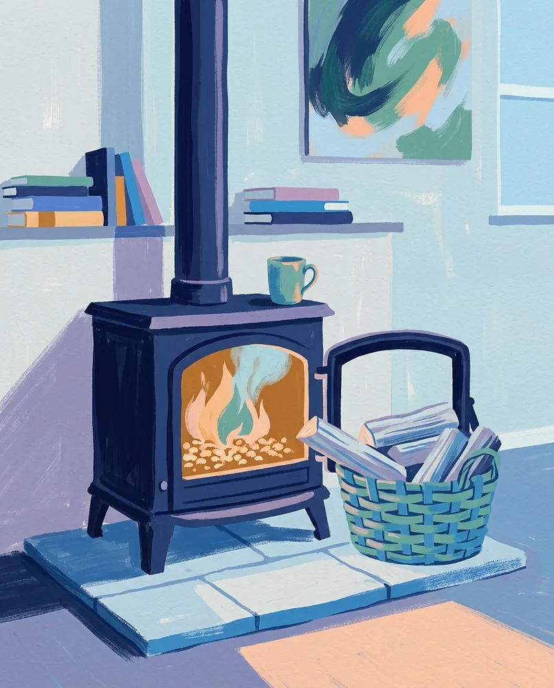 A cast-iron woodstove burns with its door open, beside a basket of split logs on the hearth.