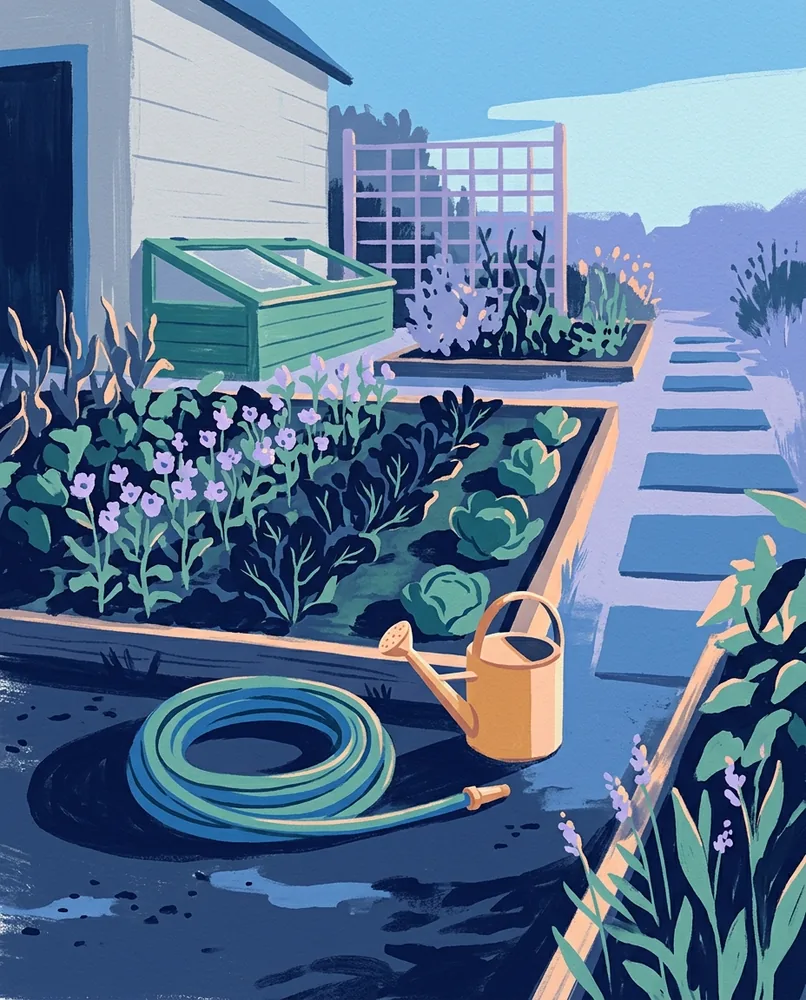 A coiled hose lies beside a thriving vegetable bed at dusk, with dark, watered soil between the rows.