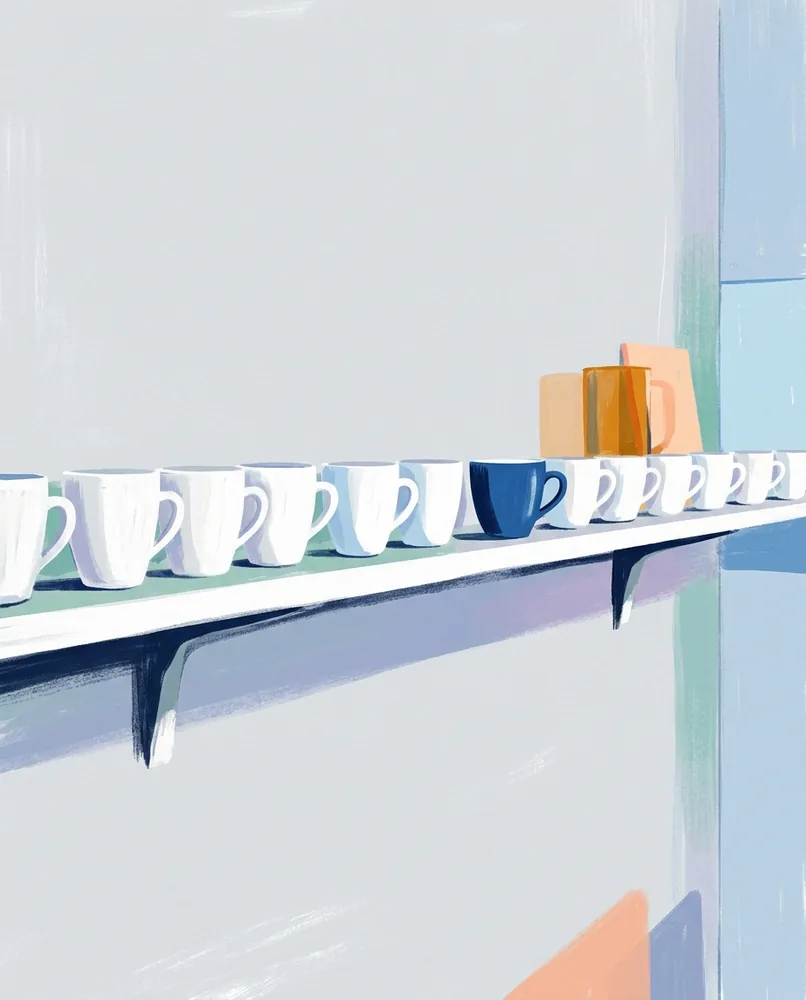 A shelf of white cups with one deep blue cup standing among them.