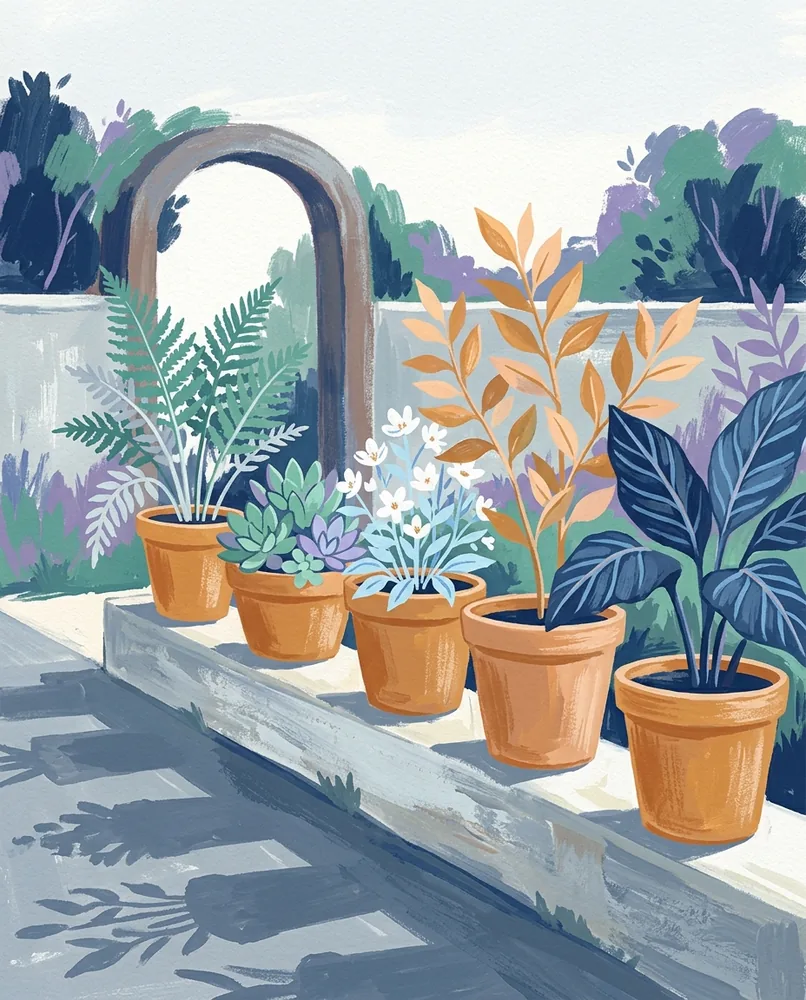 Five terracotta pots line a low wall, each holding a different plant.