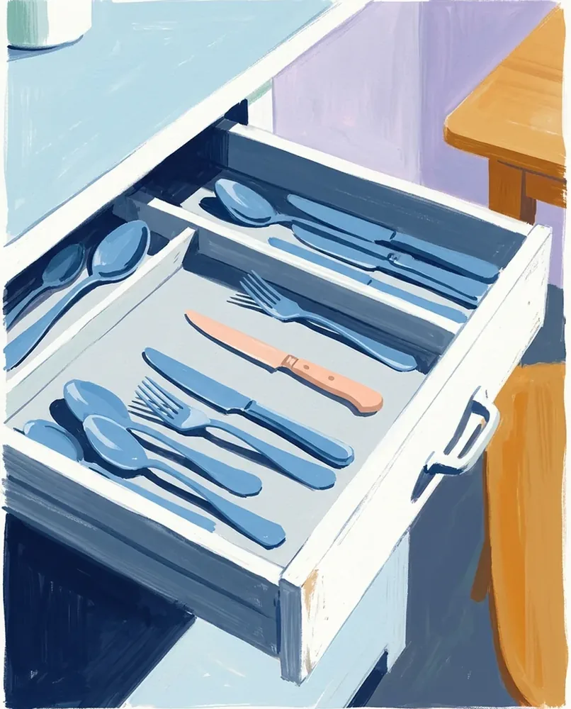 An open drawer of matching steel cutlery holds one bone-handled knife among the pieces.