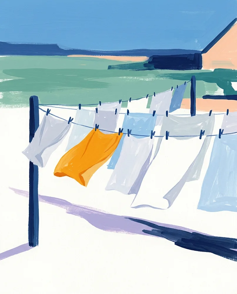 White sheets hang along a clothesline, with one bright amber sheet among them.