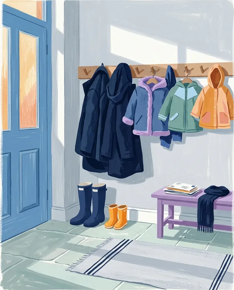 A coat rack by the front door holds tall coats and very small coats on one row of pegs.