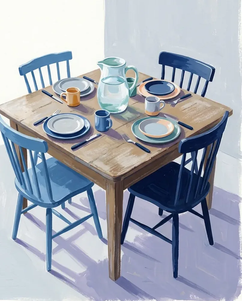 A kitchen table set for four holds mismatched plates and mugs around a water jug.