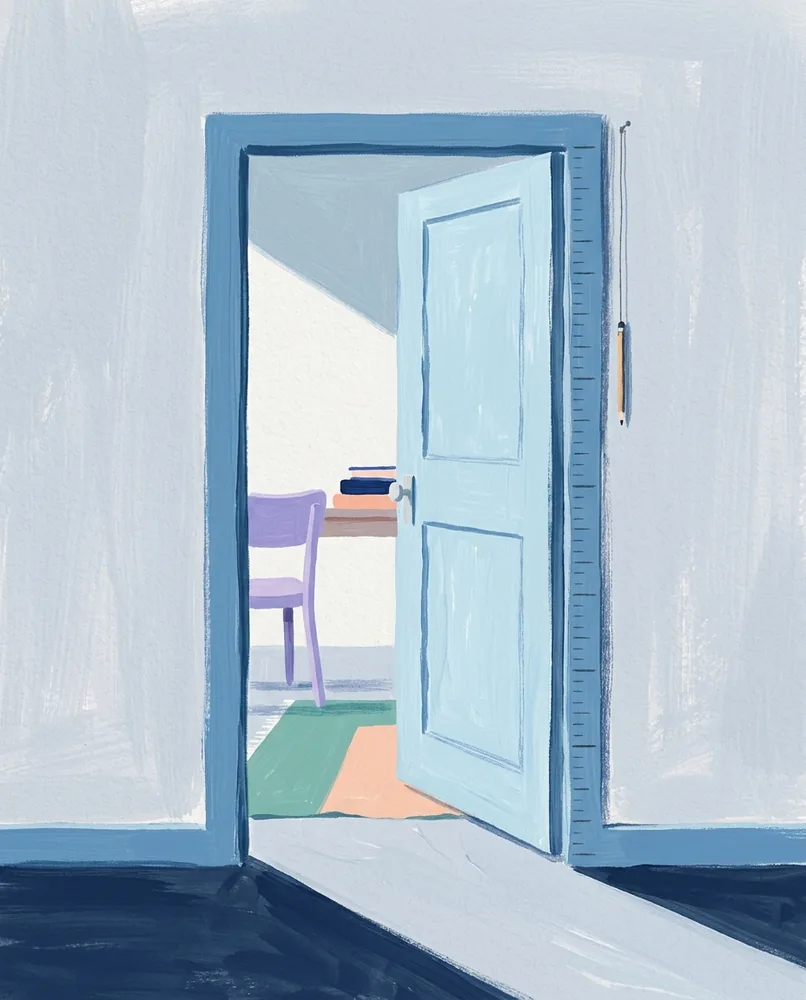 Short pencil marks climb the edge of a painted doorframe in a series of rising heights.