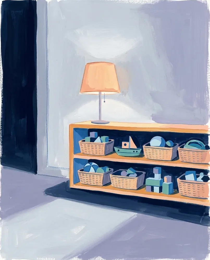 Woven baskets of toys sit on a low shelf beneath a soft lamp in a dim room.