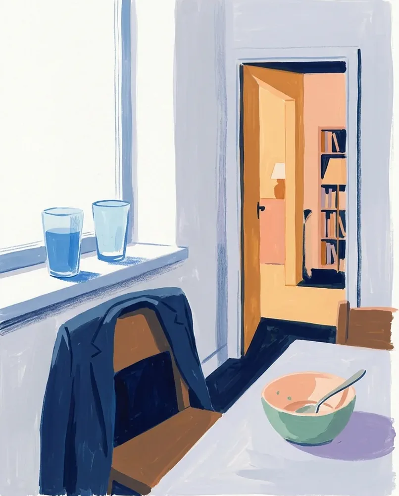 Two glasses sit on a wide windowsill beside a chair with a jacket, with a warmly lit room beyond.