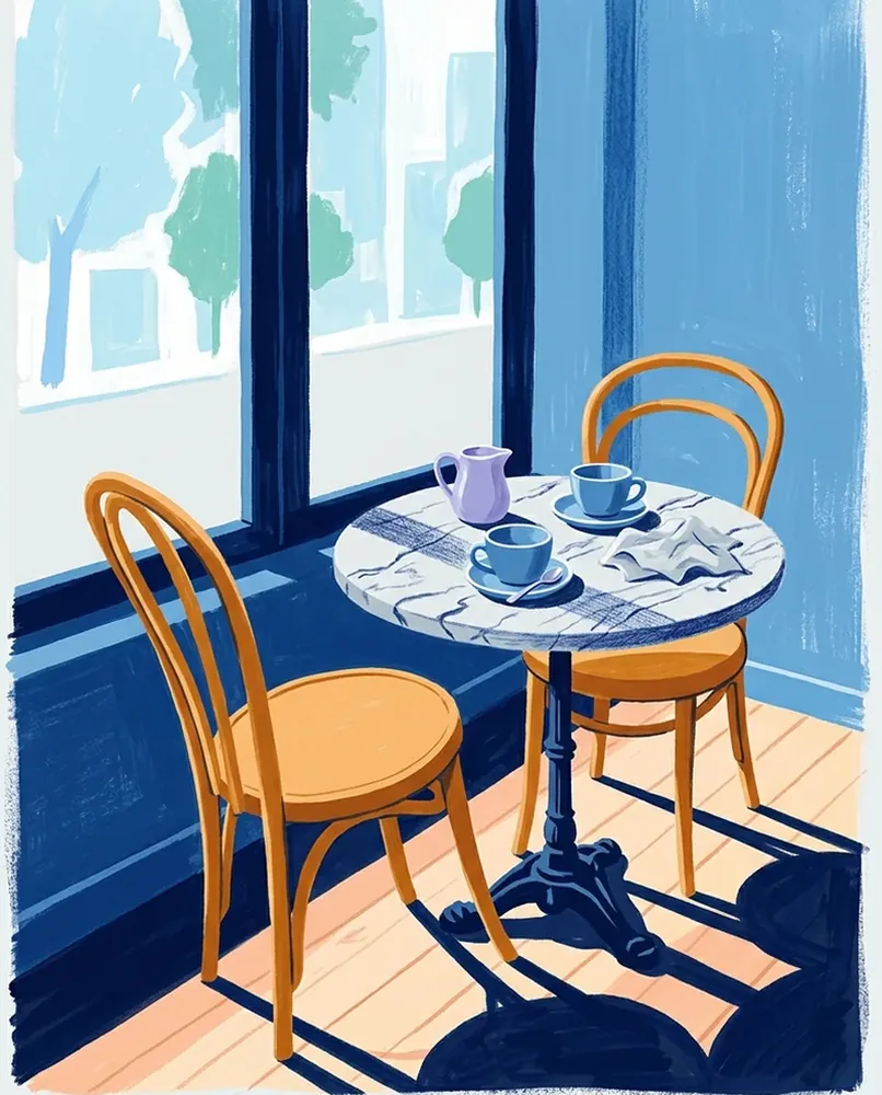 A small cafe table by a window holds two cups and a jug, with one chair pulled out.