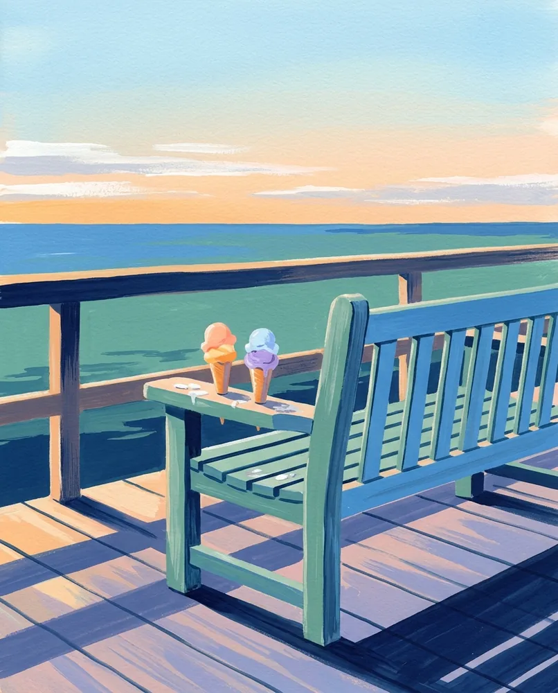 Two ice creams stand on a promenade bench arm, with the flat sea beyond the railing.
