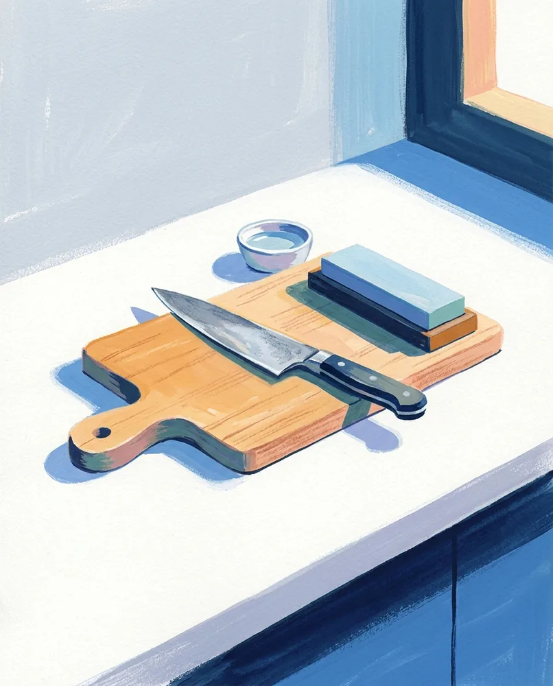 A used kitchen knife lies on a wooden board, with a whetstone and water dish beside it.