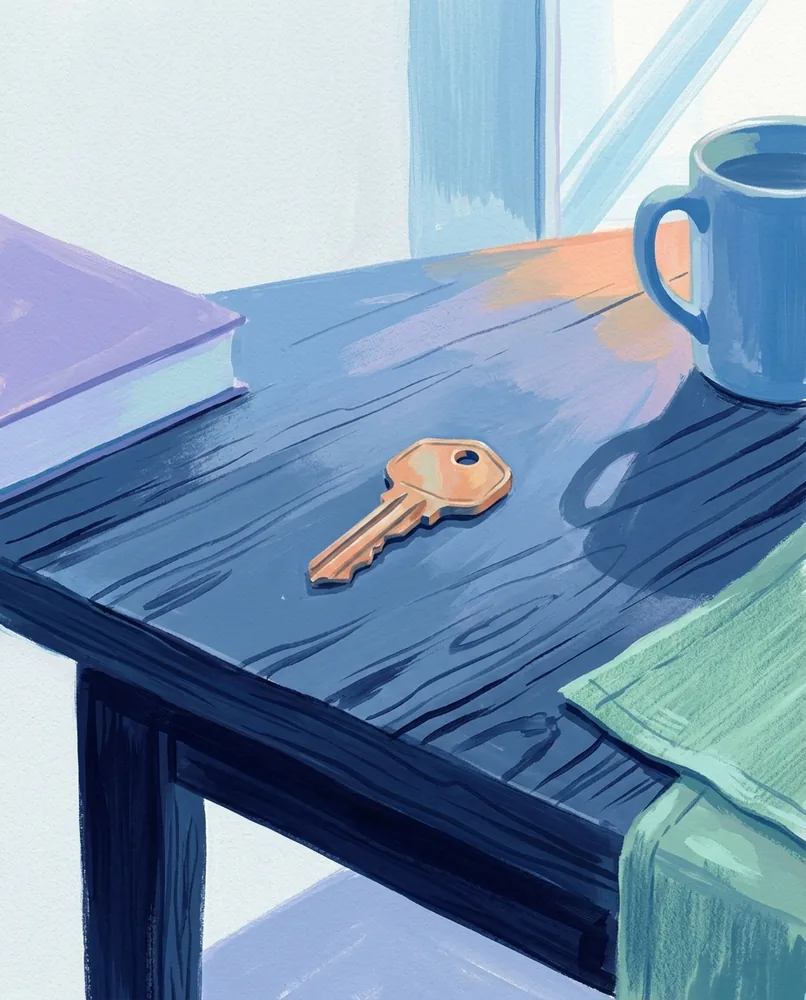 A worn brass key lies alone on a dark wooden table, its surface bright and smooth.