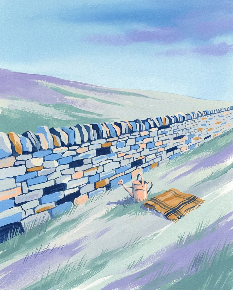 A dry-stone wall runs straight across a hillside, with each stone fitted without mortar.
