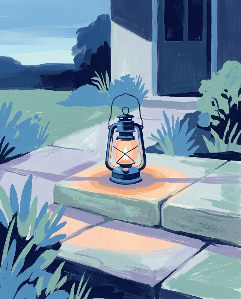 A lit storm lantern sits on a stone step at dusk, casting light onto the path.