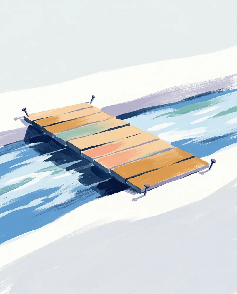 Broad wooden planks form a bridge across a fast stream, secured at both banks.