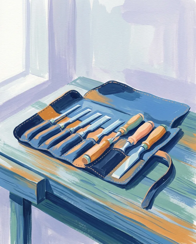 Woodworking chisels lie in size order inside an open leather tool roll.