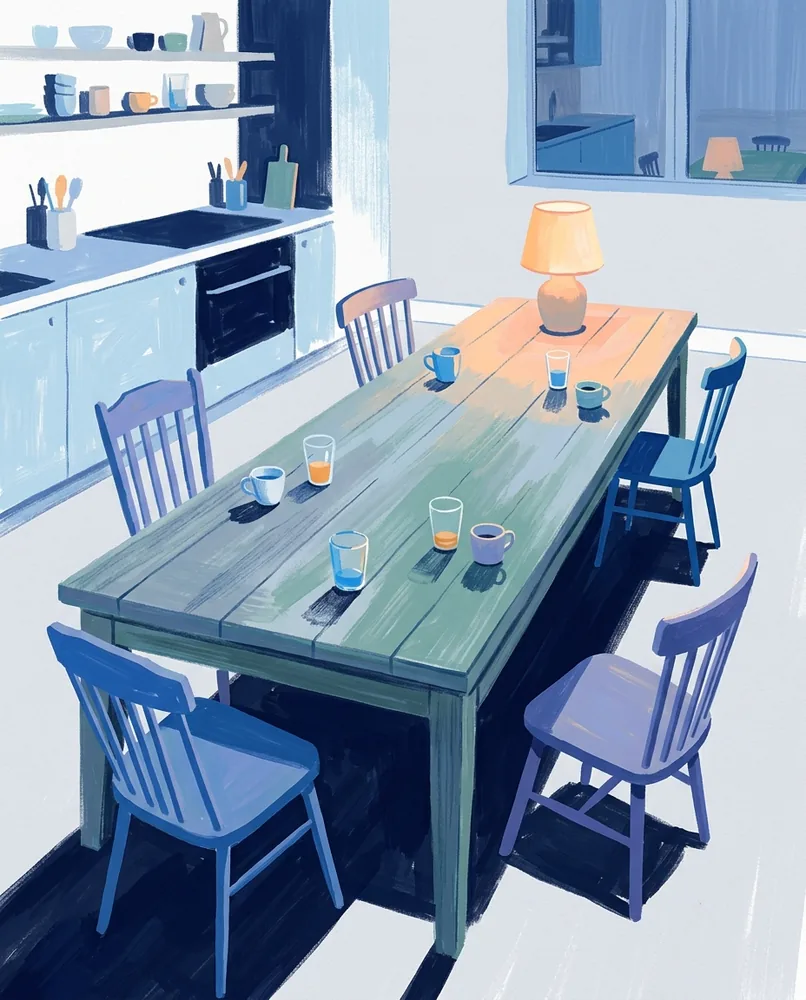 A long kitchen table holds abandoned cups and glasses, with six chairs pushed out and one lamp burning at the far end.