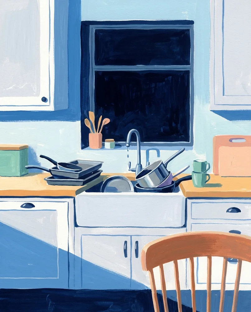 Pans and baking trays fill a kitchen sink beneath a dark window, with water dripping from the tap.