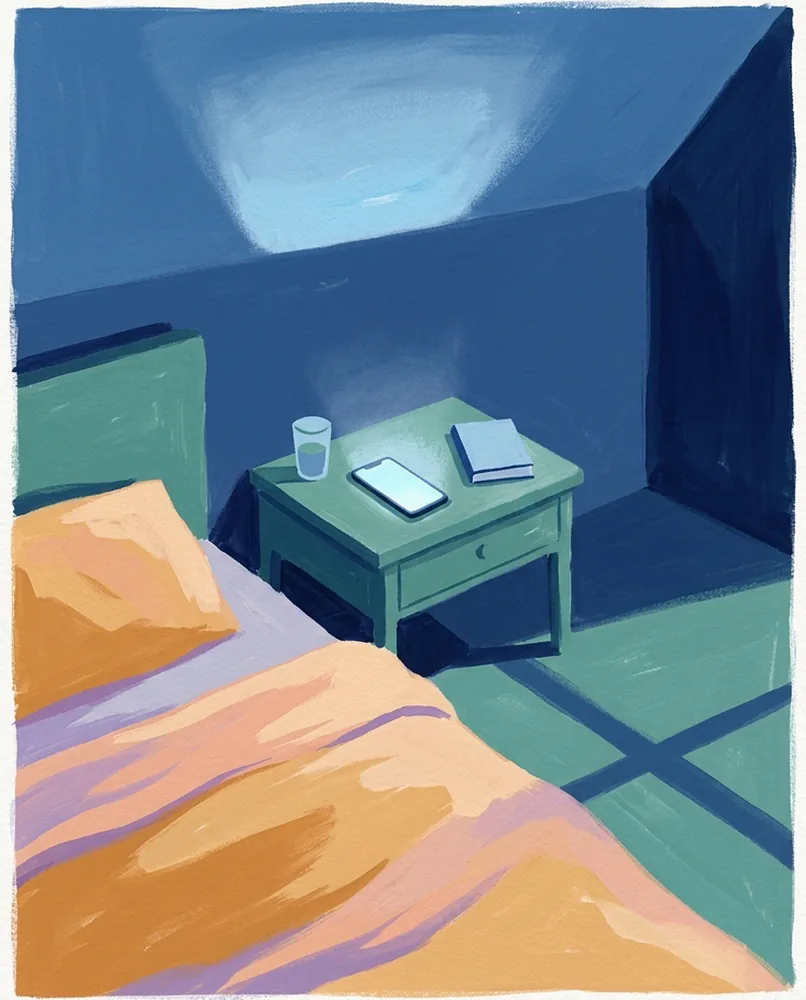 A phone lies face-up on a bedside table, casting a bright rectangle of light onto the bedroom ceiling.