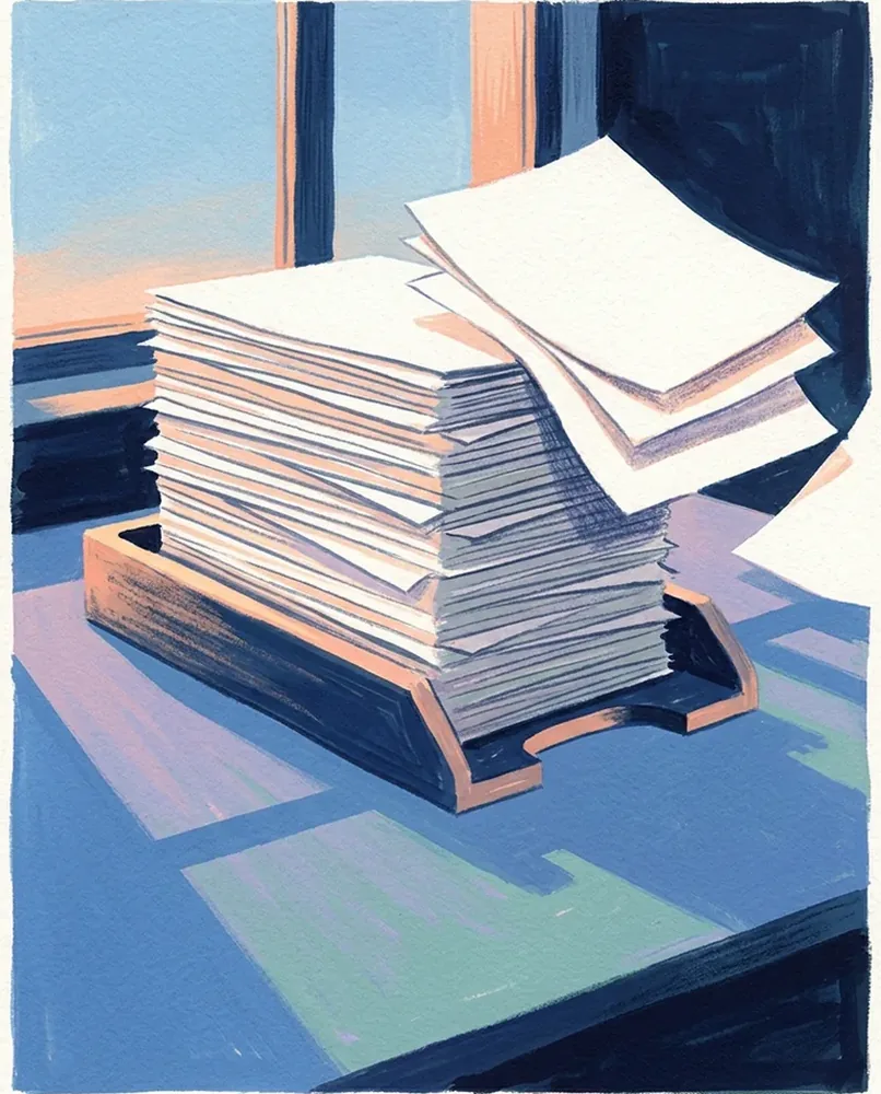 A desk tray is stacked high with blank paper, while the top sheets slide toward the desk edge.
