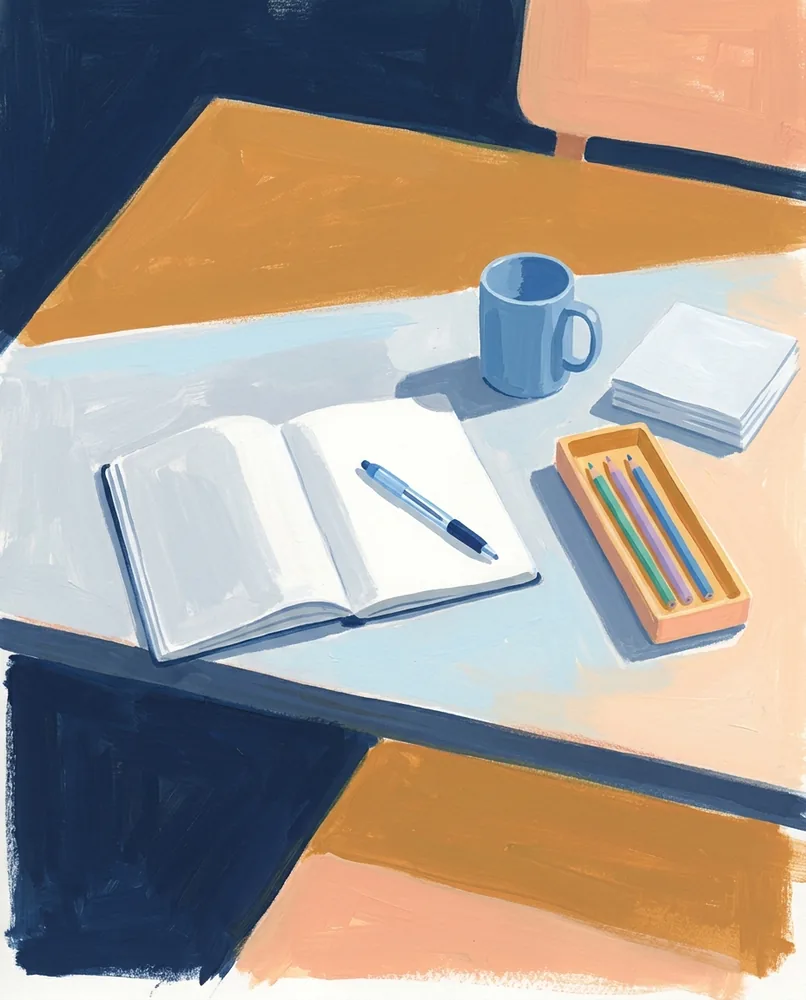 An open notebook, pen, mug, paper stack, and pencil tray sit across a desk in one clean band of morning light.