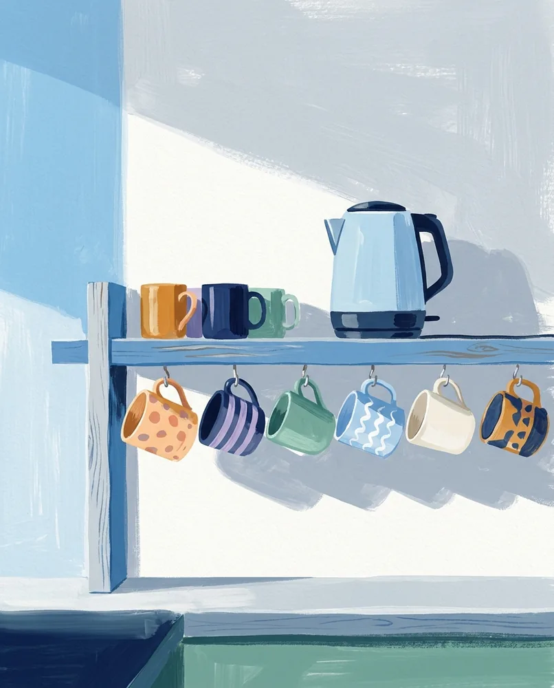 A kettle sits on a staff-room shelf above a row of mismatched mugs hanging from hooks.