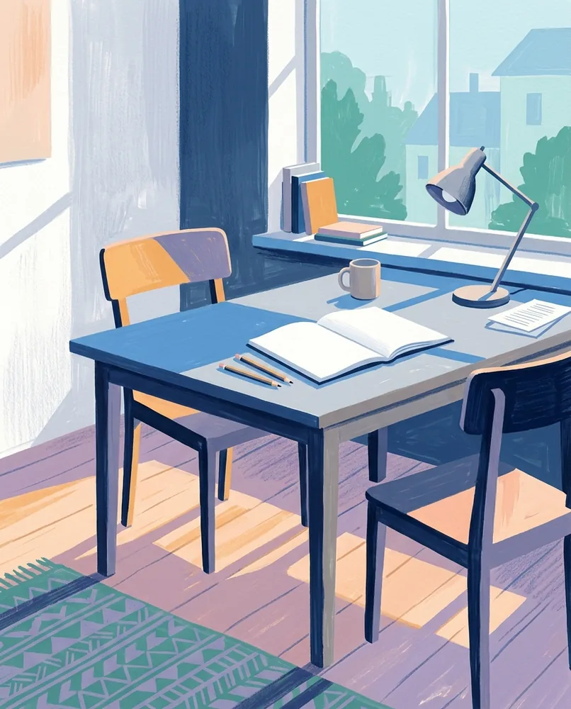 A second chair is pulled beside a desk, with two pencils resting across an open workbook.