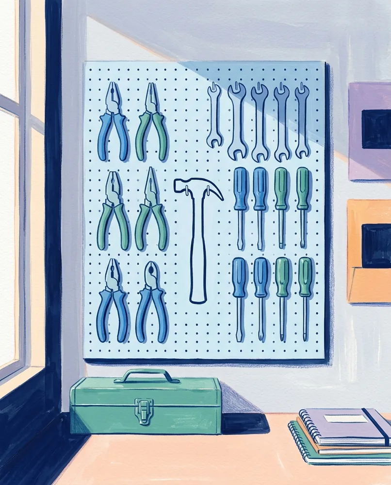 A workshop pegboard holds tools inside painted outlines, with one empty outline near the middle.