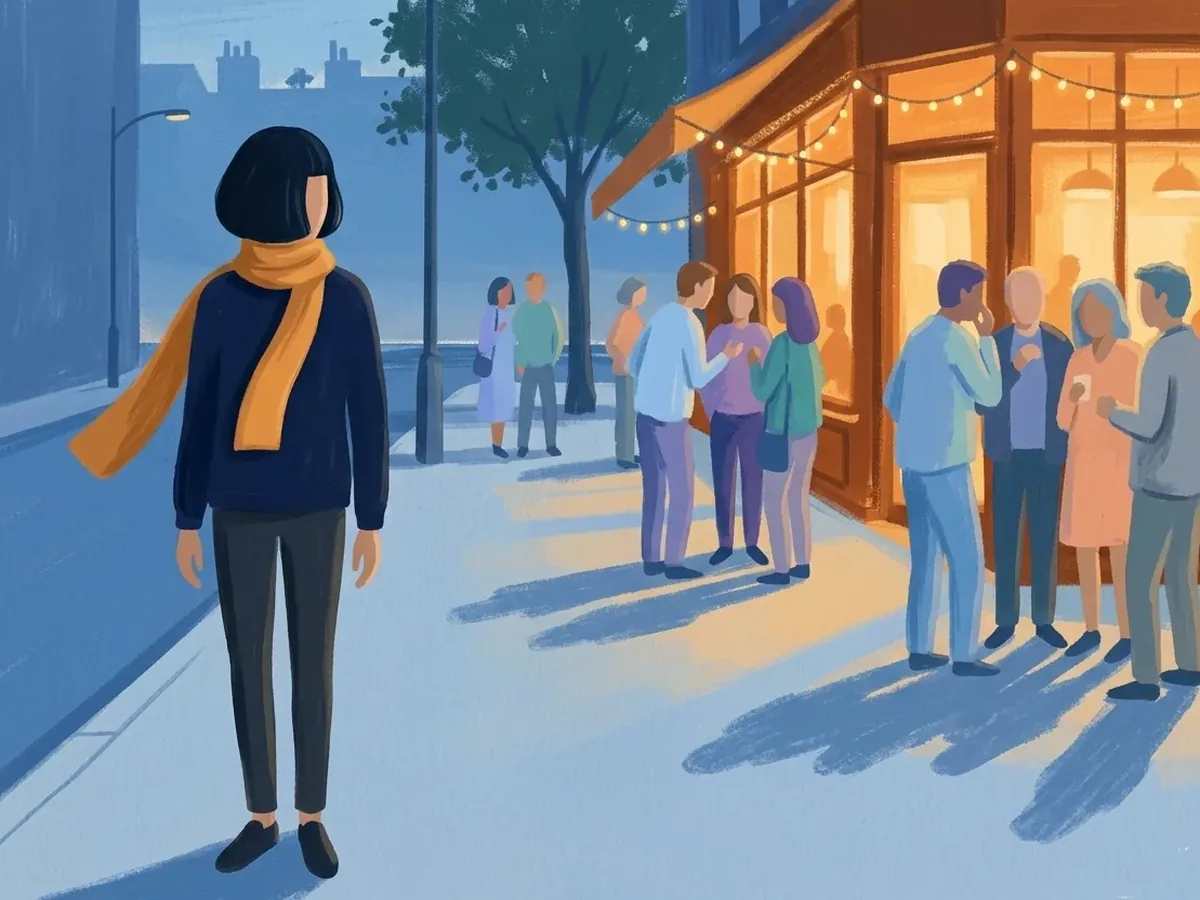 At dusk, a person with a dark bob, navy sweater, and amber scarf stands alone on a city street, looking toward small groups talking together outside a warmly lit cafe.