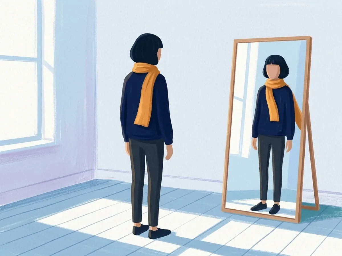 In early morning light, the same person stands before a tall wooden framed mirror, their back to us, the mirror showing them facing back, with sunlight across the floorboards.
