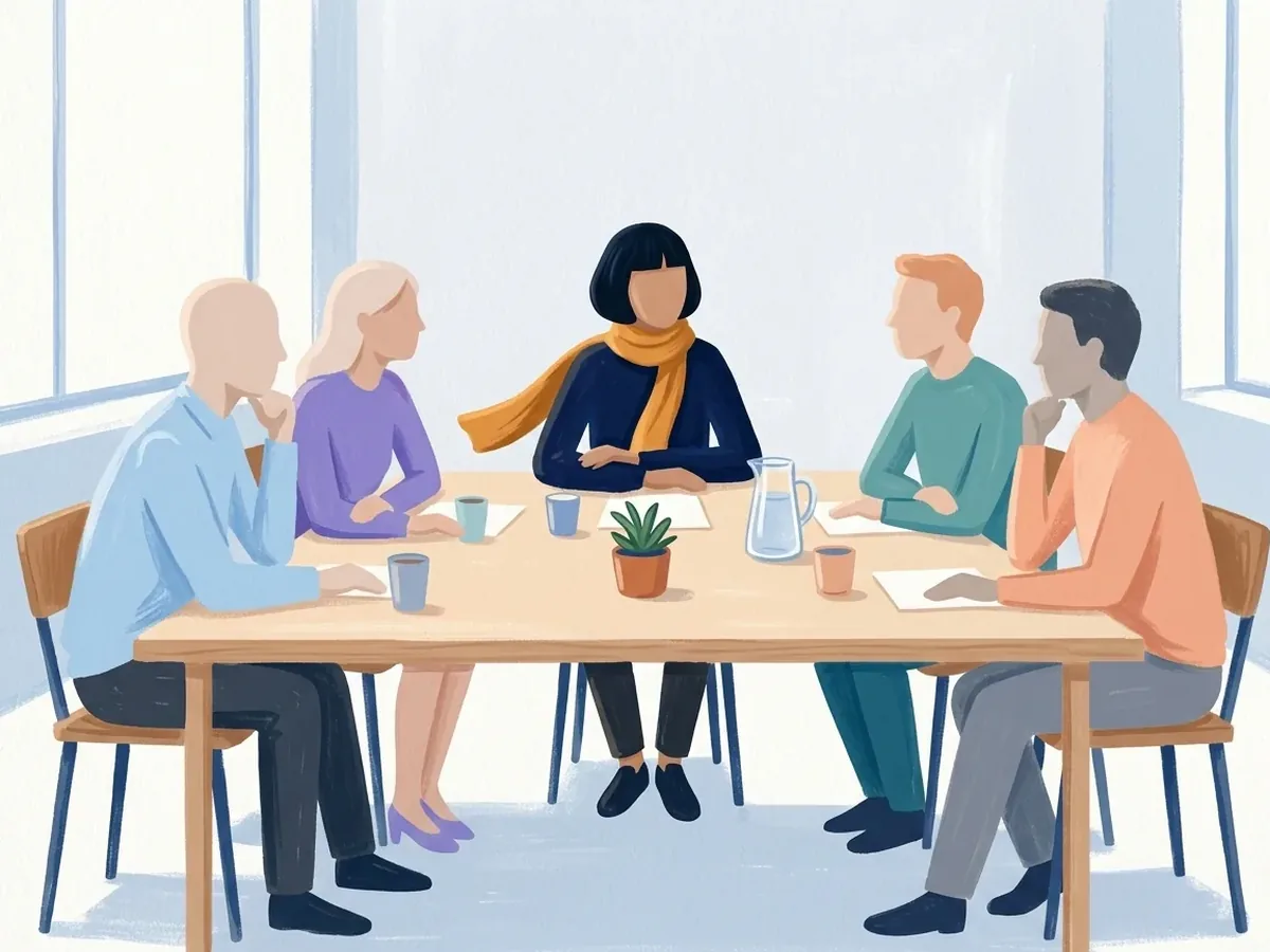In a bright meeting room, the same person leans over a long table while four coworkers turn toward them. Cups, water jug, plant, and blank papers are on it.