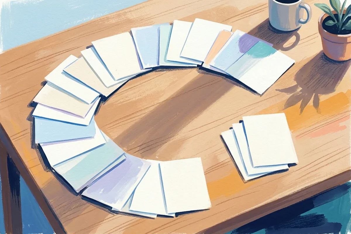 Blank cards spread in a curve, with three cards in a separate stack