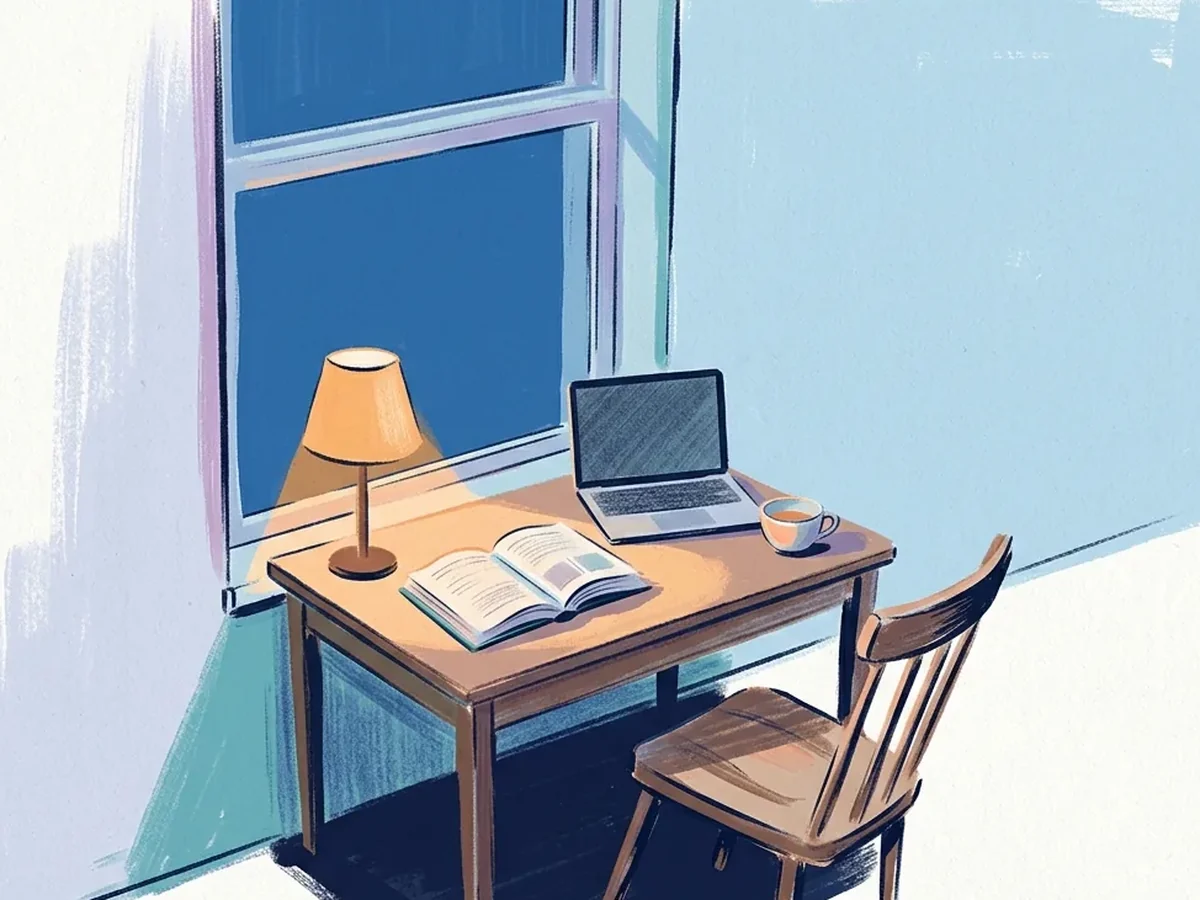 Desk by a window at dusk with a lit lamp, open book, open laptop, and cup of tea