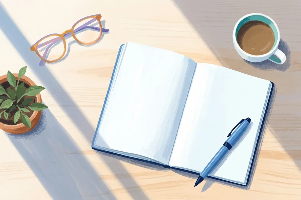 Desk viewed from above with an open notebook, coffee, reading glasses, and small plant
