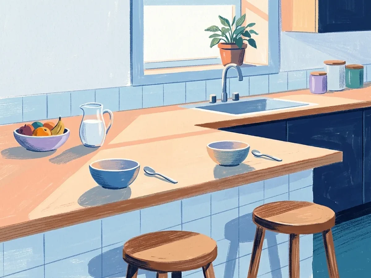 Kitchen counter with two bowls and spoons, fruit, milk jug, stools, potted plant, and jars in morning light