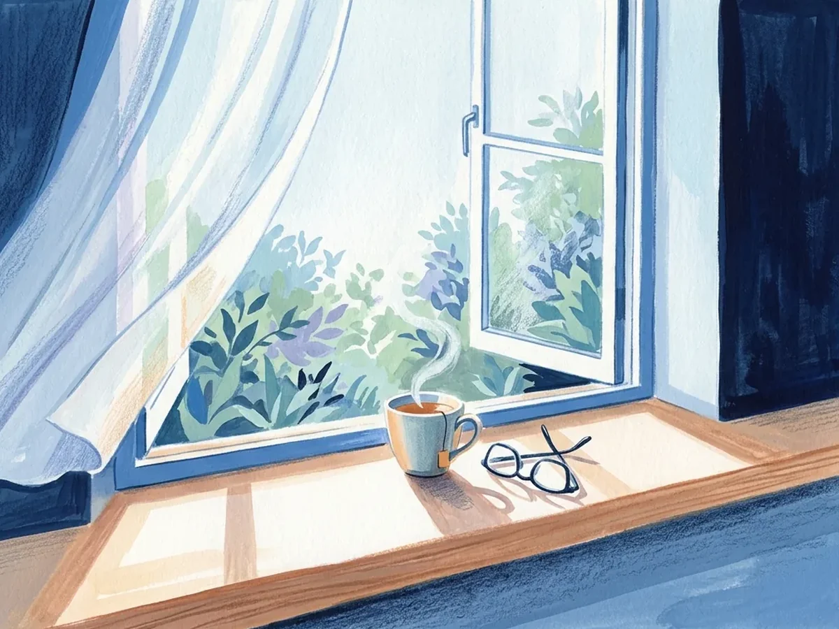 Open morning window with a cup of tea, reading glasses, and a garden beyond