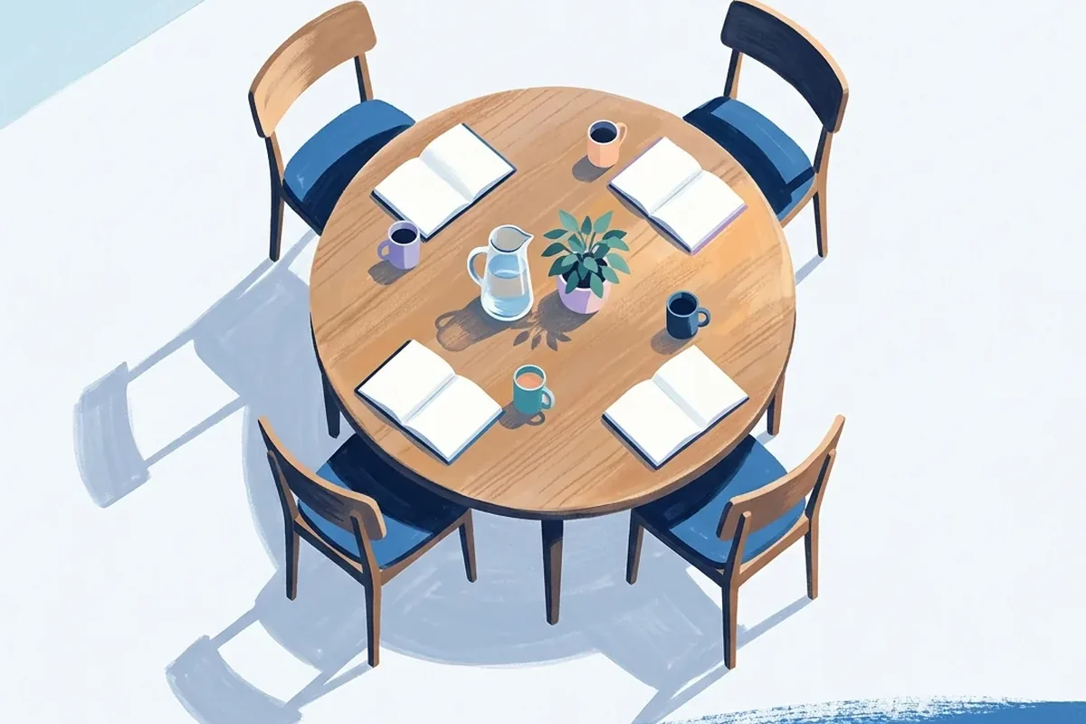 Seen from above, a round table has four chairs, four open notebooks, four mugs, a water jug, and a small plant.
