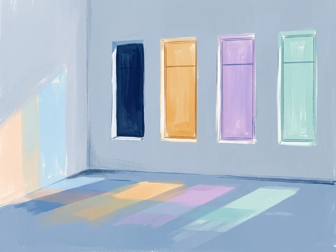 A pale room holds four tall windows in navy, amber, violet, and teal, casting overlapping colored patches across the floor and wall.