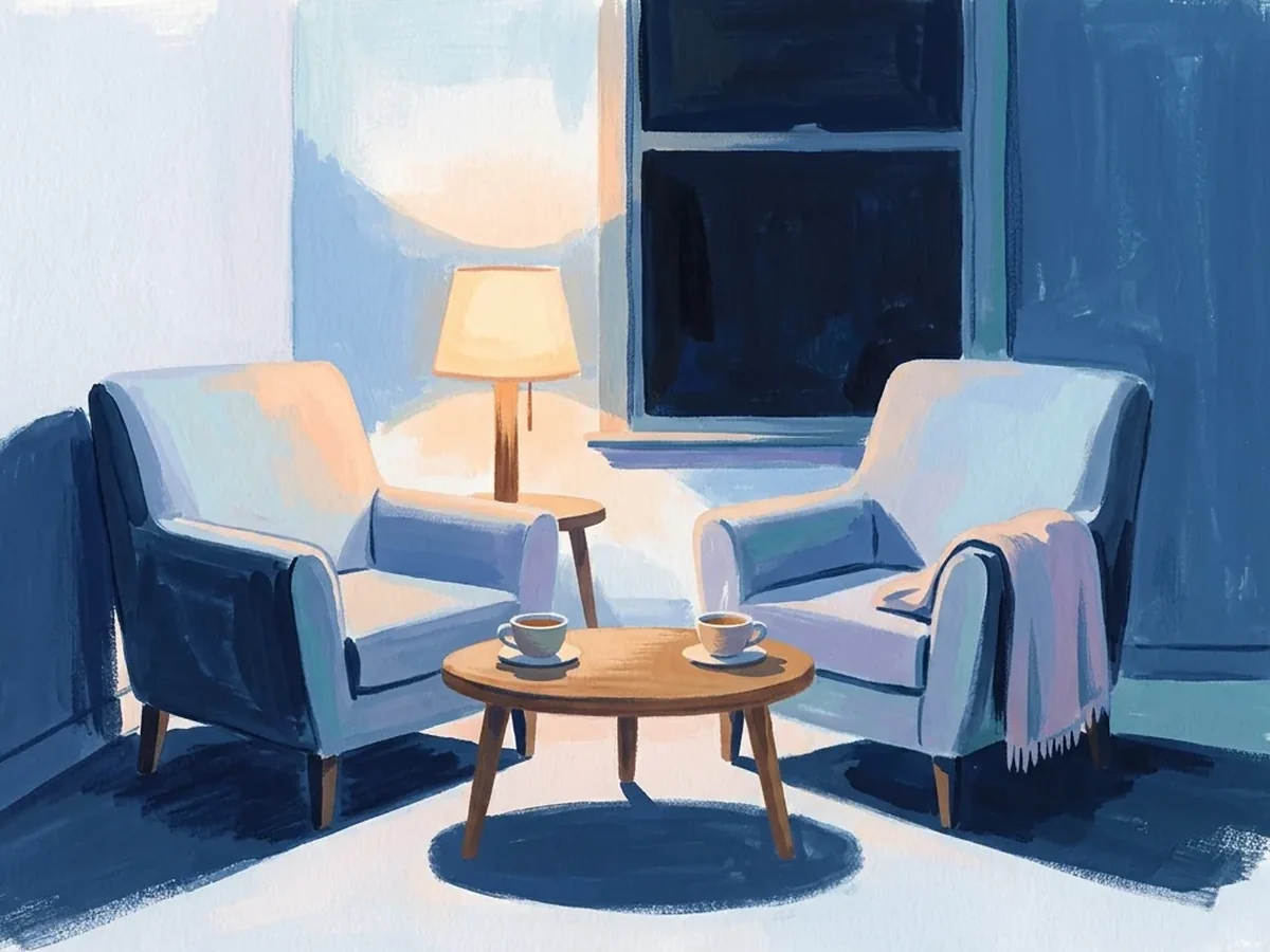 Two light blue armchairs facing each other, cups on saucers, and a lit lamp behind them