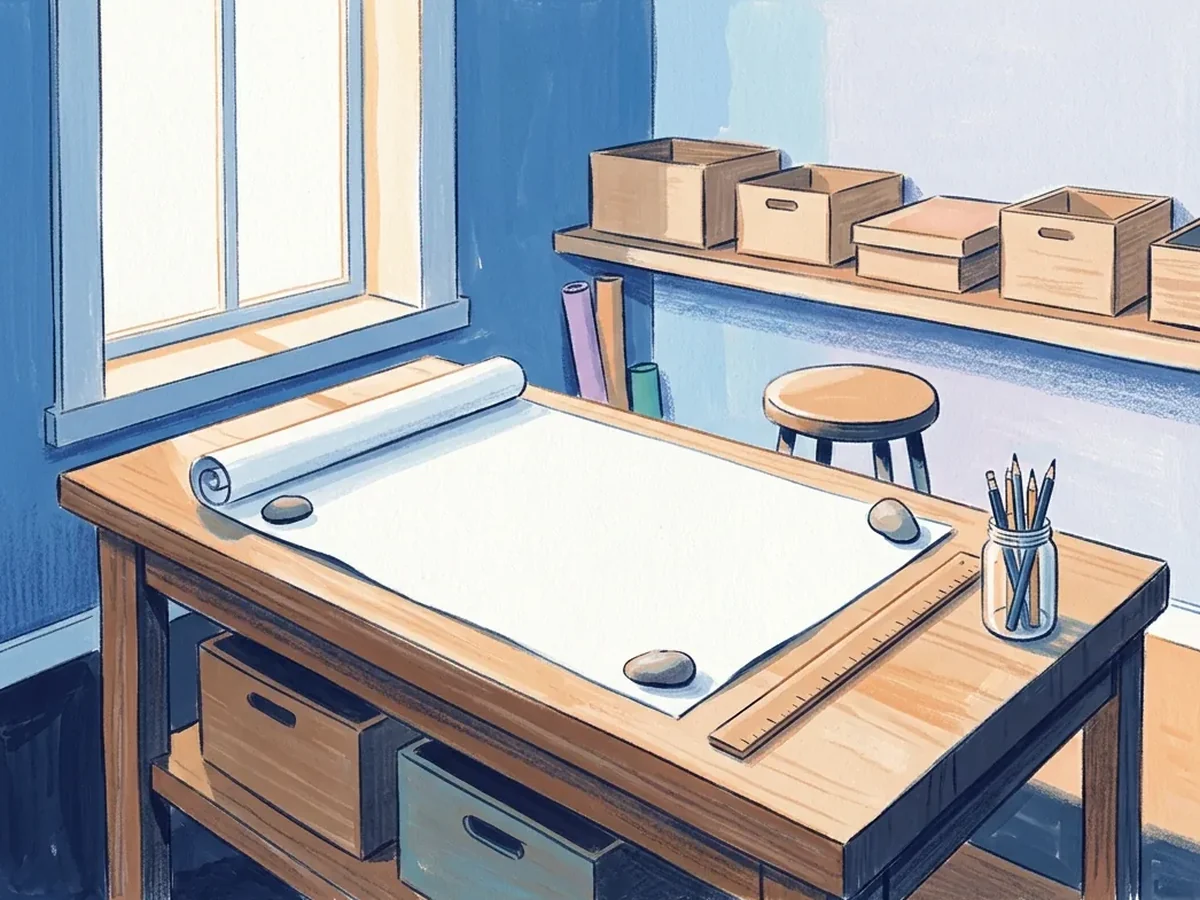 Wooden workshop bench with rolled paper, stones, ruler, pencils, stool, boxes, and storage bins